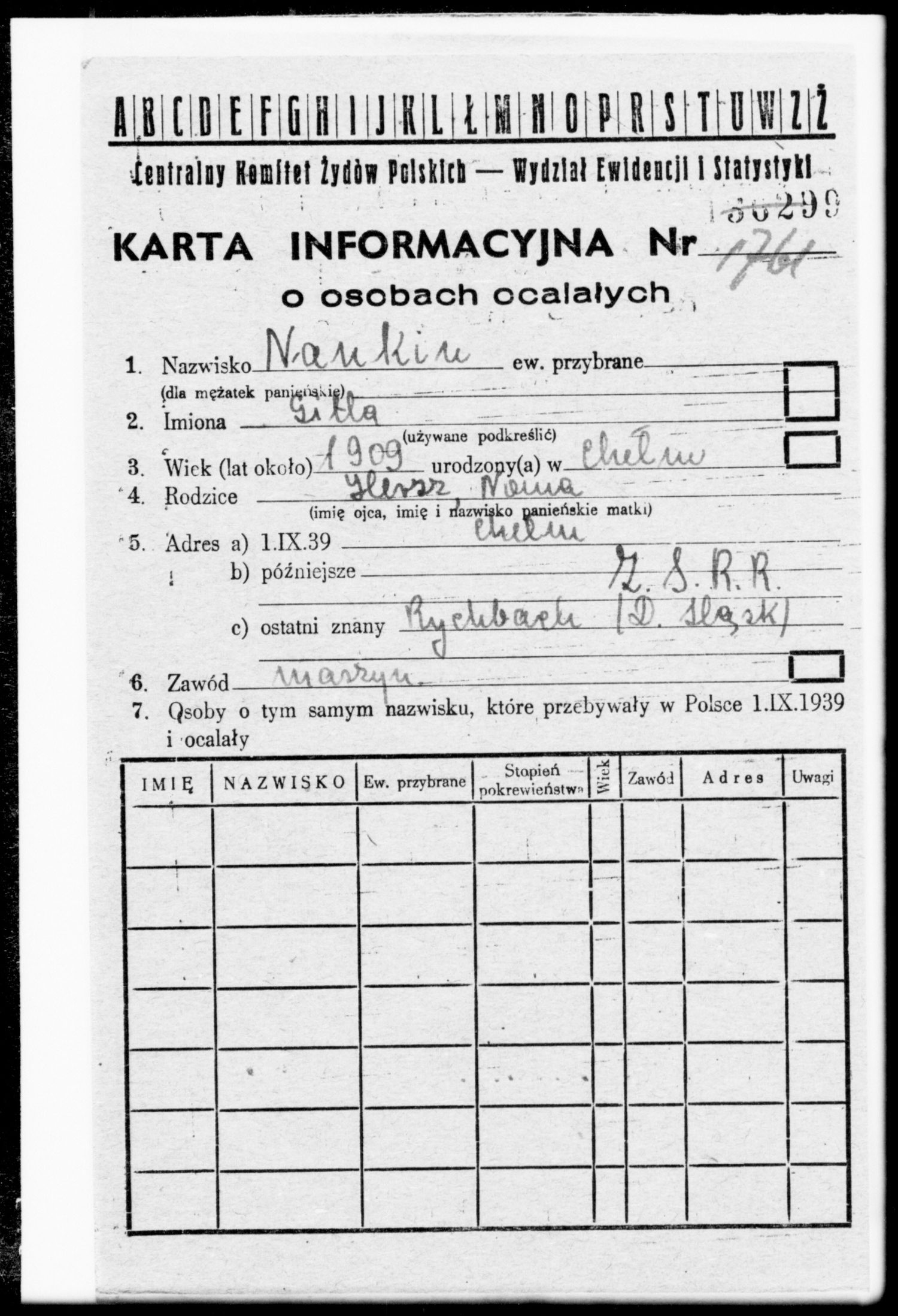 Survivor registration card for Gitla Nankin
