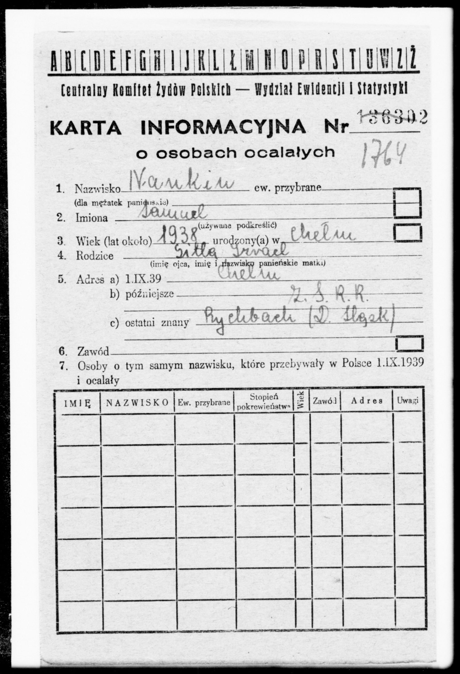Survivor registration card for Samuel Nankin