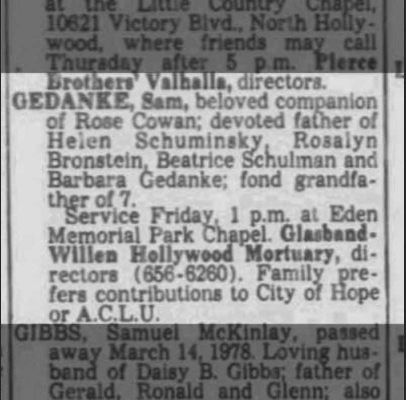 Sam Gedanke's obituary, LA Times, 1978