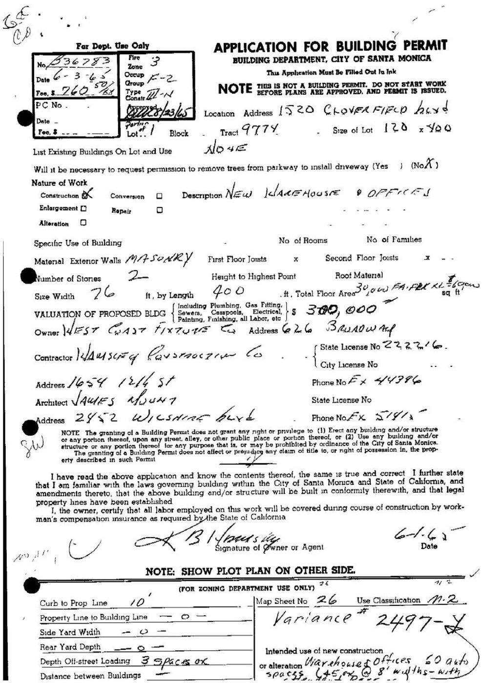1965 Santa Monica building permit B36783 for 1520 Cloverfield