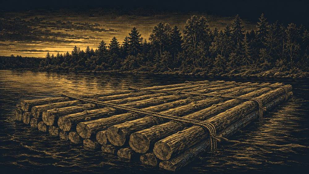 Szuminka — rafted timber logs on a river