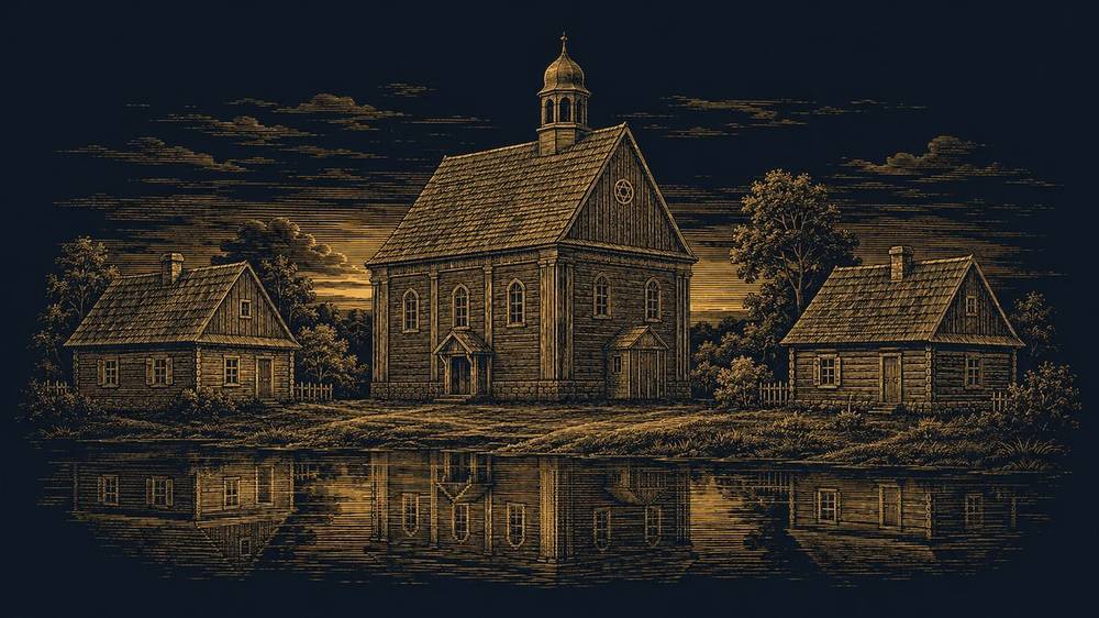 Włodawa — a wooden synagogue on a riverbank at dusk