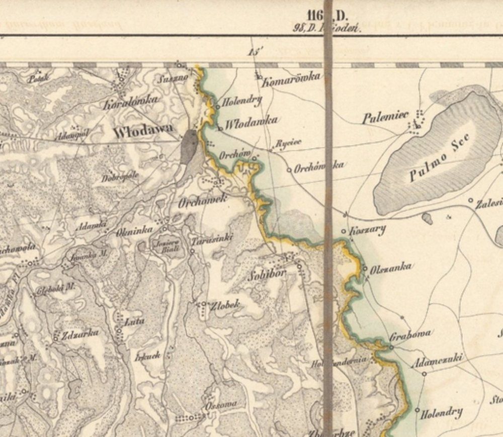 Period map detail around Włodawa, showing Sobibór, Orchówek, and the Włodawka River